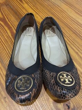 Tory Burch Brown Snake-Print Reva Logo Flats